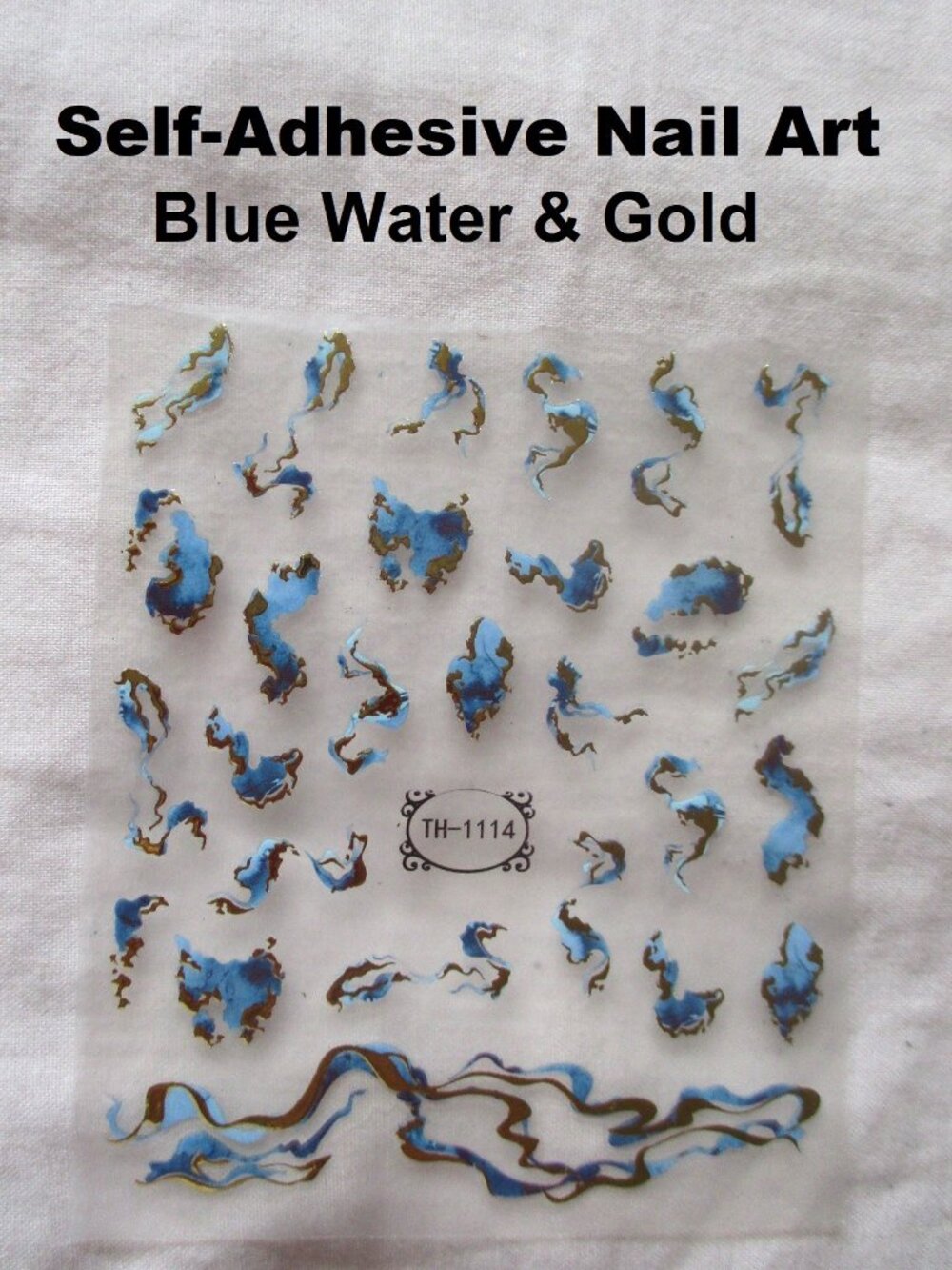 Blue Water & Gold Curvy Lines - Self-Adhesive 3D Nail Art Sticker Manicure